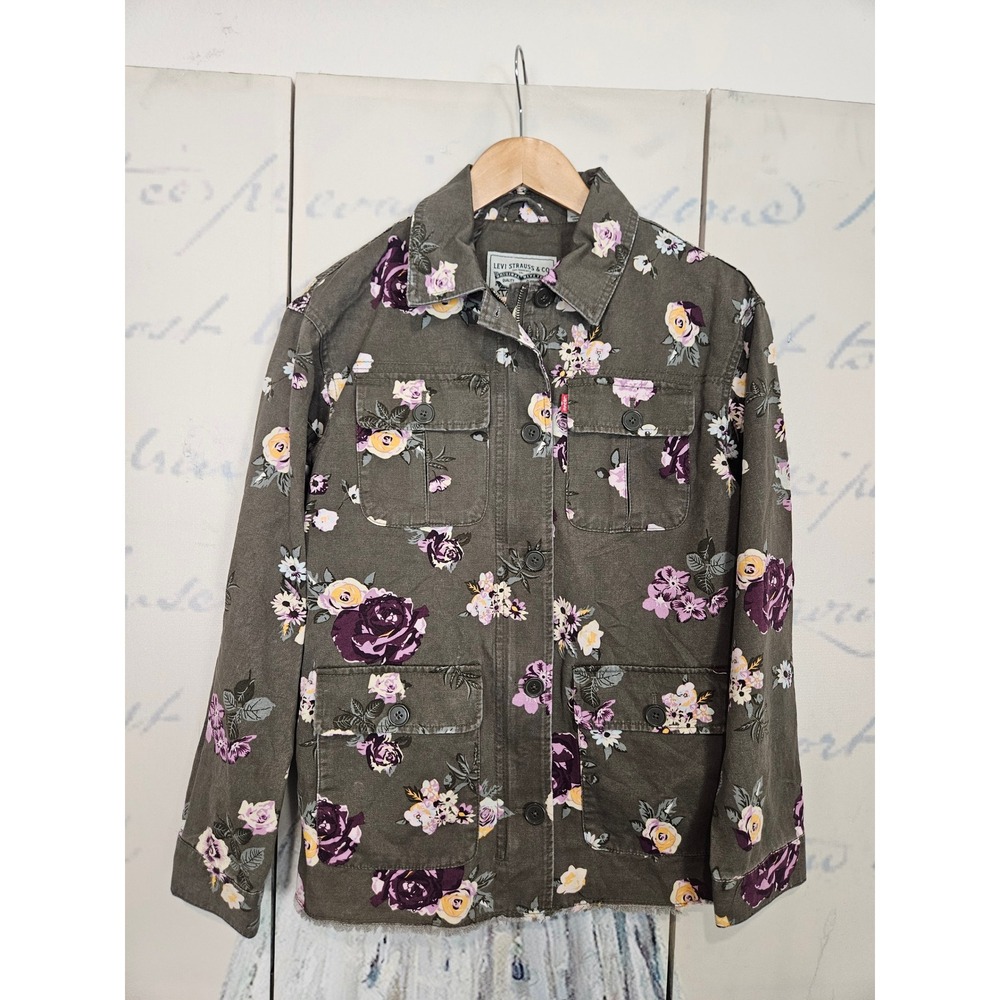Levi's‎ Floral Field Jacket S Olive Green Purple Utility Cotton Raw Hem Military
